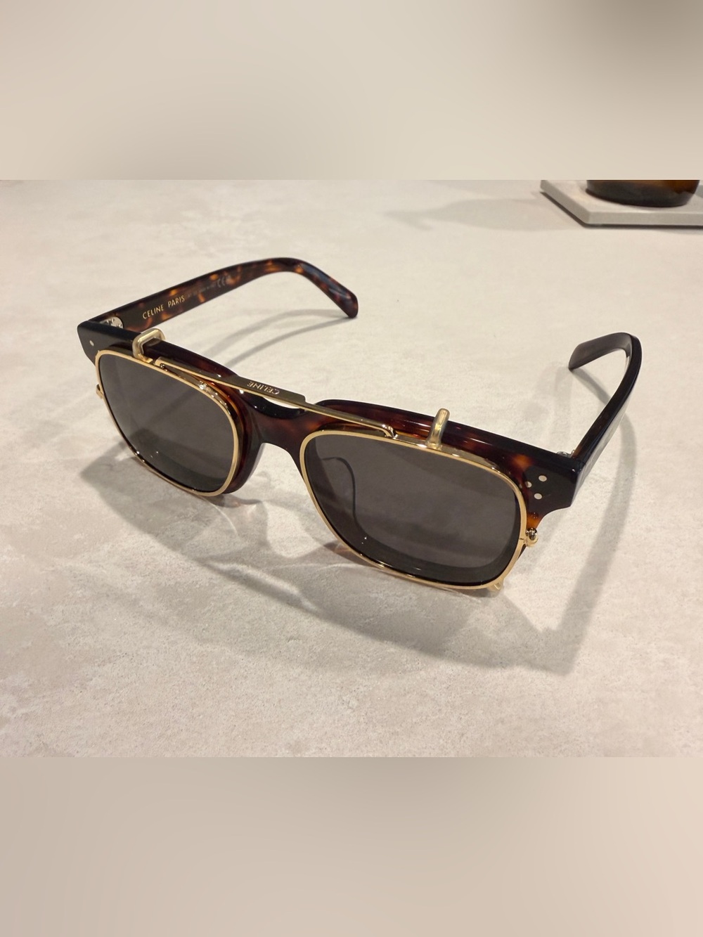 New Celine Tortoise and Gold Clip on Sunglasses - Picture 2 of 9